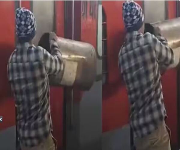 યુવકે ડસ્ટબિનથી તોડ્યા ટ્રેનના દરવાજાના કાચ