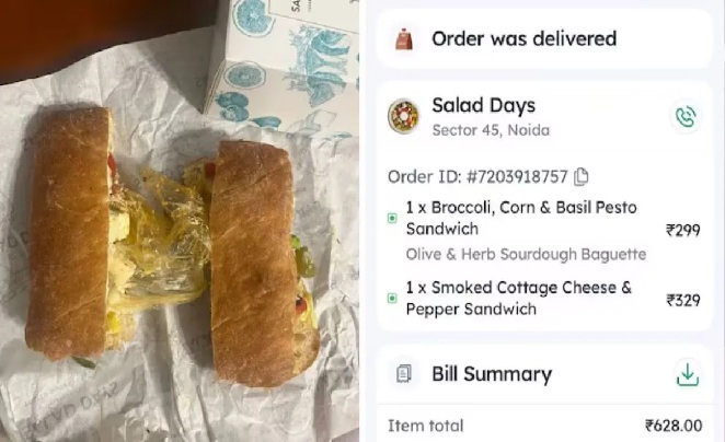 ઓનલાઈન ઓર્ડર કરાયેલા સેન્ડવીચમાંથી મળ્યો પ્લાસ્ટિકનો ગ્લોવ