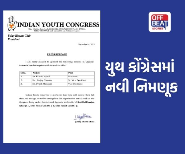 ગુજરાત પ્રદેશ યુવા કોંગ્રેસમાં નવી નિમણૂકો જાહેર