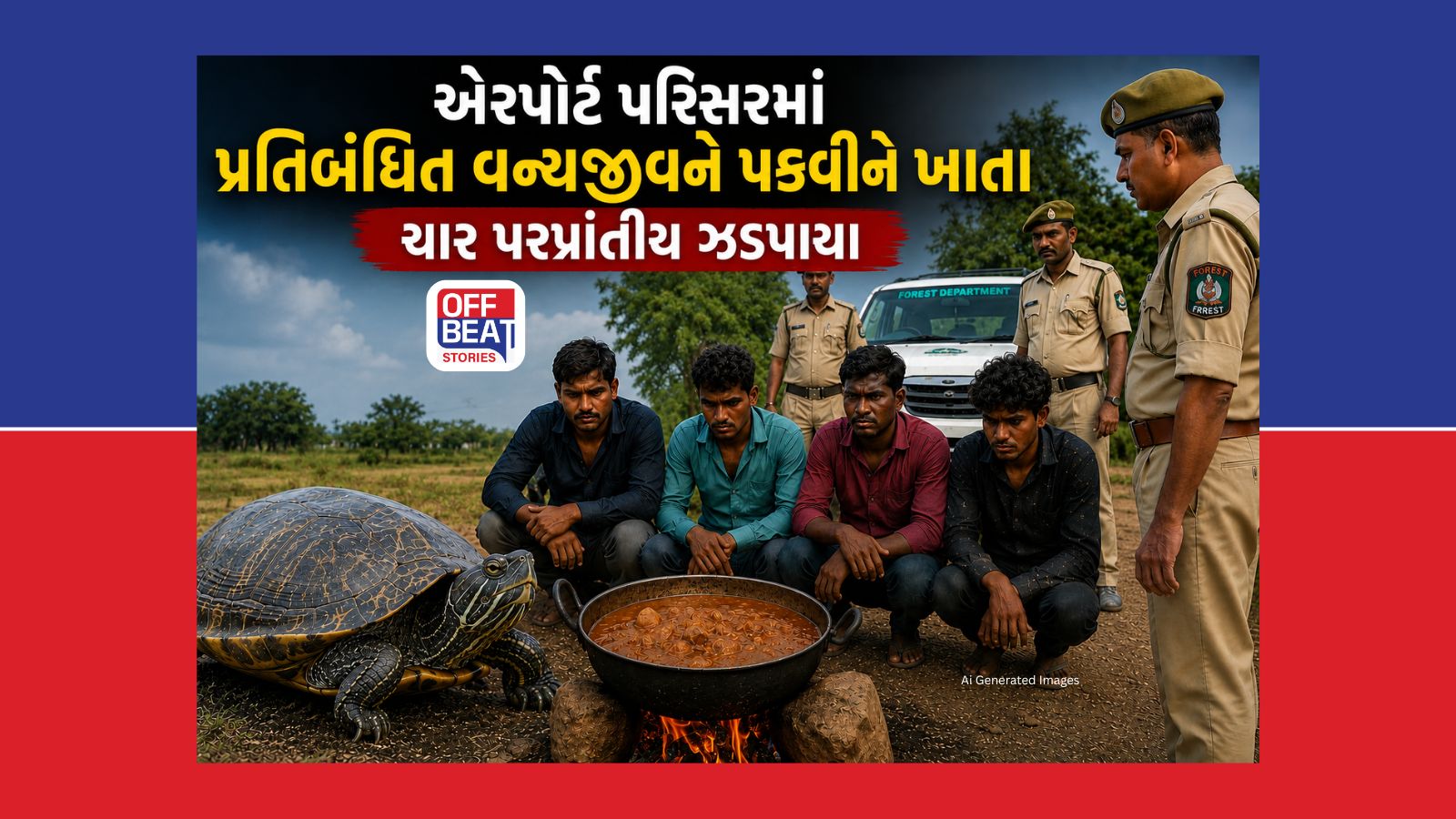 એરપોર્ટ પરિસરમાં કાચબાનું શાક બનાવી ખાતા ચાર પરપ્રાંતીયો ઝડપાયા