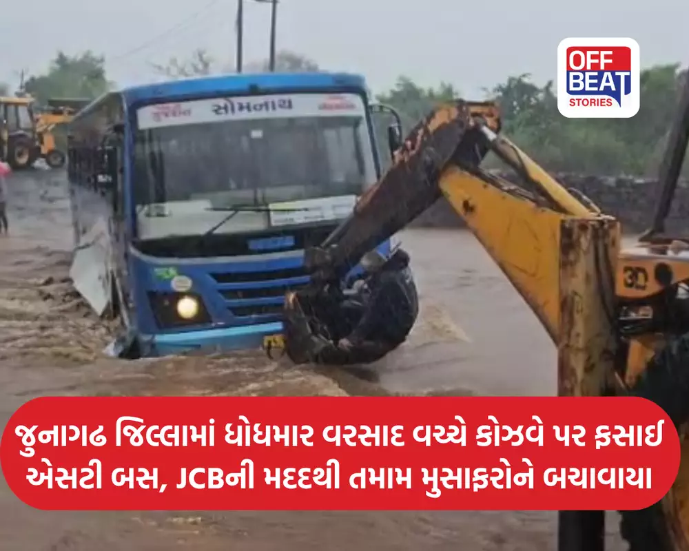 જુનાગઢ જિલ્લામાં ધોધમાર વરસાદ વચ્ચે કોઝવે પર ફસાઈ એસટી બસ