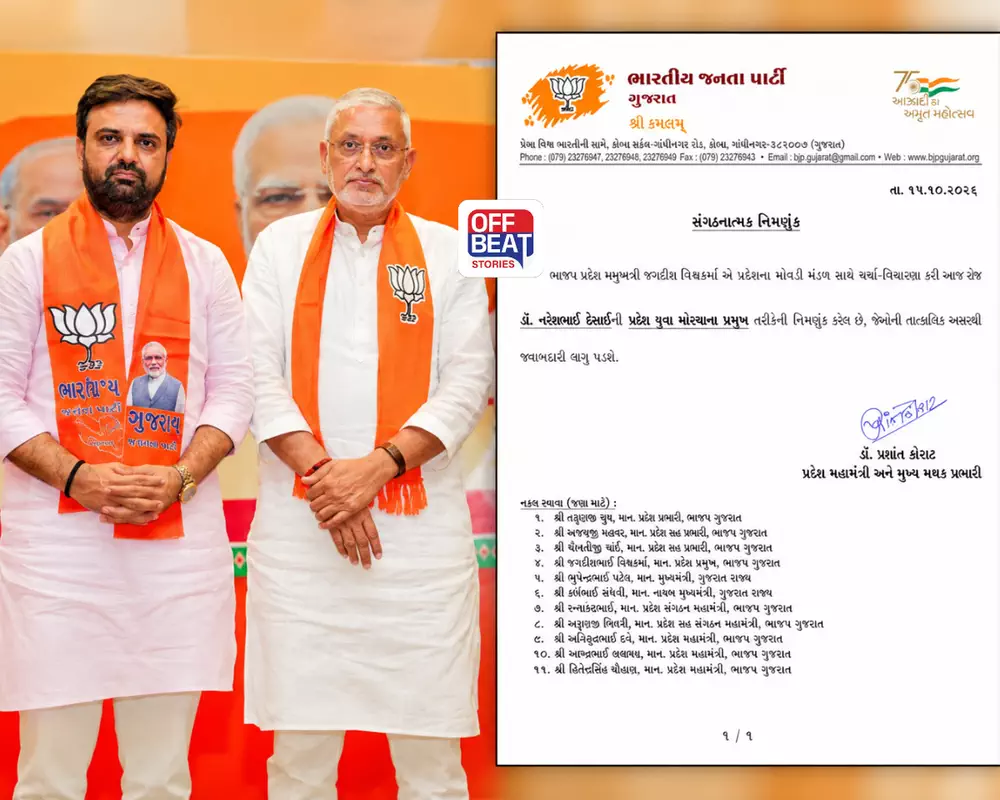 ગુજરાત ભાજપમાં નવી નિમણૂકની જાહેરાત: ડૉ. નરેશ દેસાઈ બન્યા પ્રદેશ યુવા મોરચાના પ્રમુખ