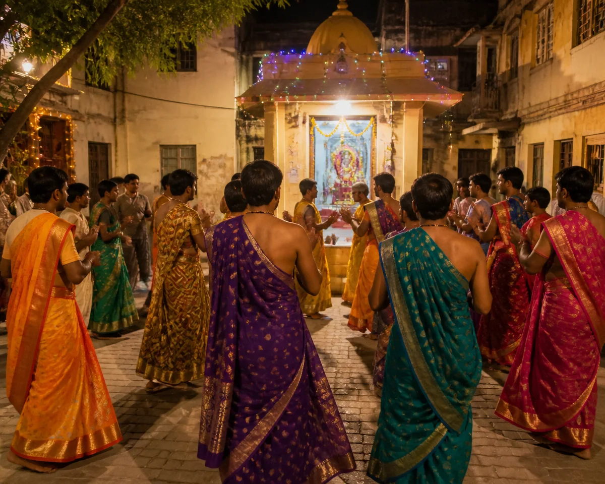 અમદાવાદની સાદુ માતાની પોળમાં પુરુષોએ સાડી પહેરી ગરબા કર્યા: બારોટ સમાજની 200 વર્ષ જૂની માન્યતા સાથે જોડાયેલી પરંપરા અષ્ટમીની રાત્રે નિભાવી